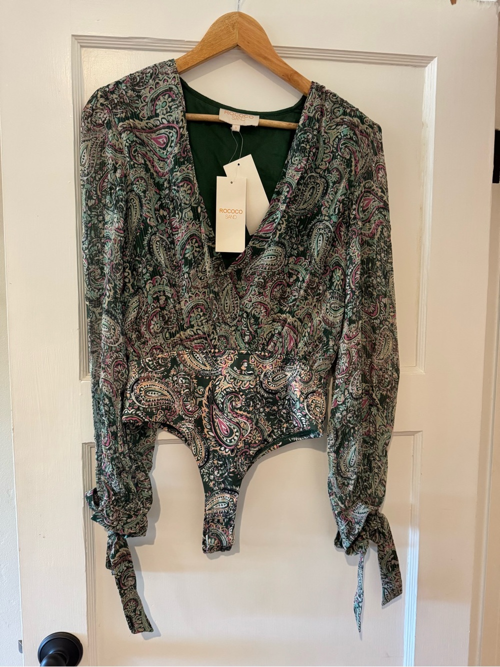 Rococo Sand Dark Green Paisley Tie-Sleeve Bodysuit